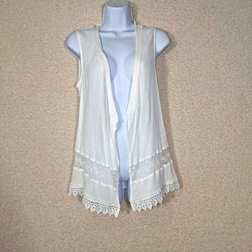 AB Studio Womens Crochet Duster Vest Sz M Boho Hippie Festival Cottage Peasant